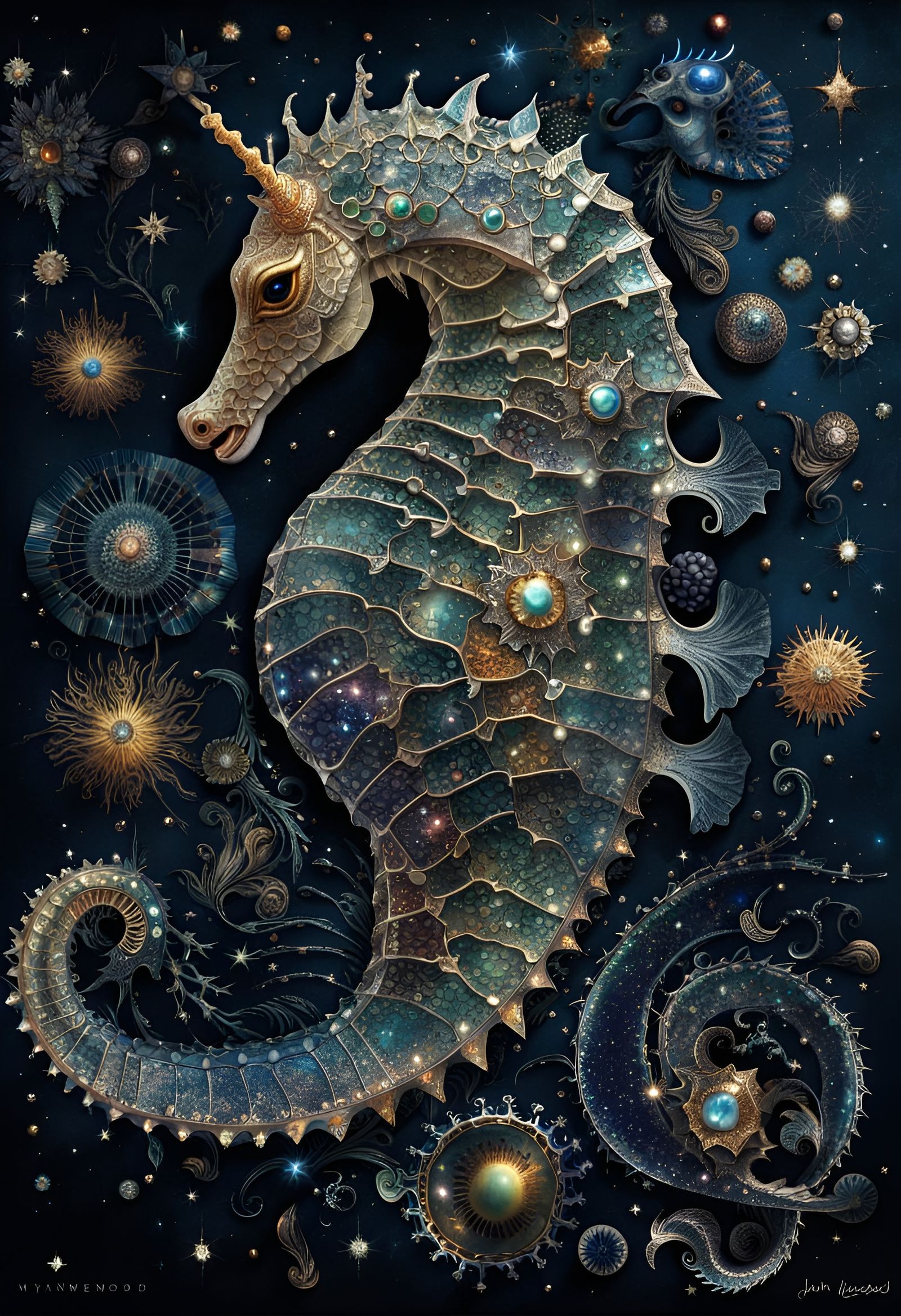 Celestial Seahorse Portrait with Diamonds and Filigree