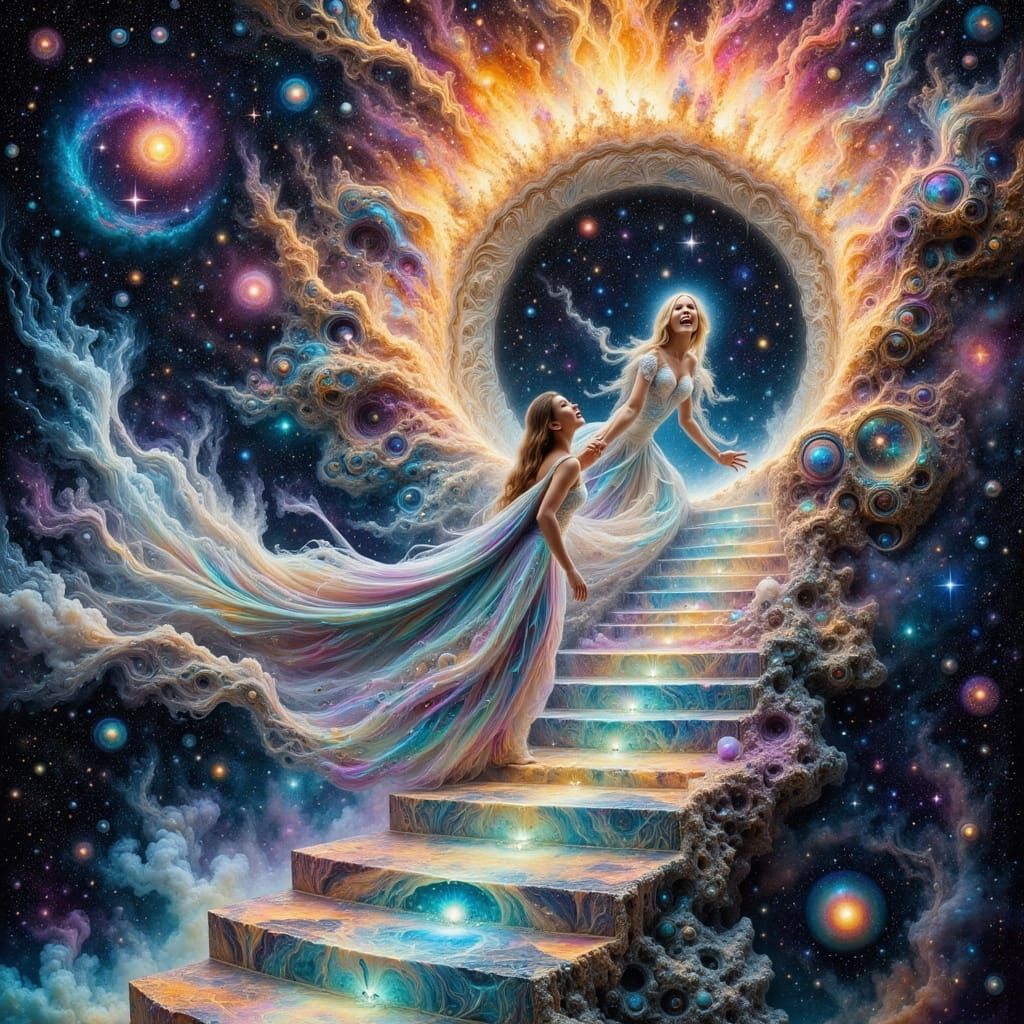 Woman Laughing on Marble Stairs in Nebula