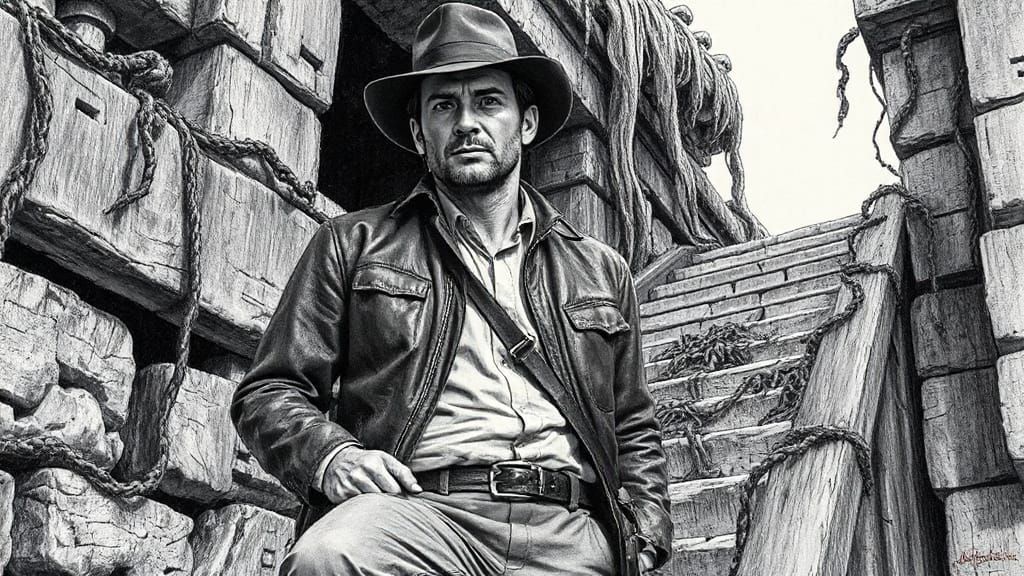 explorer in an aztec tomb covered with cobwebs and vines