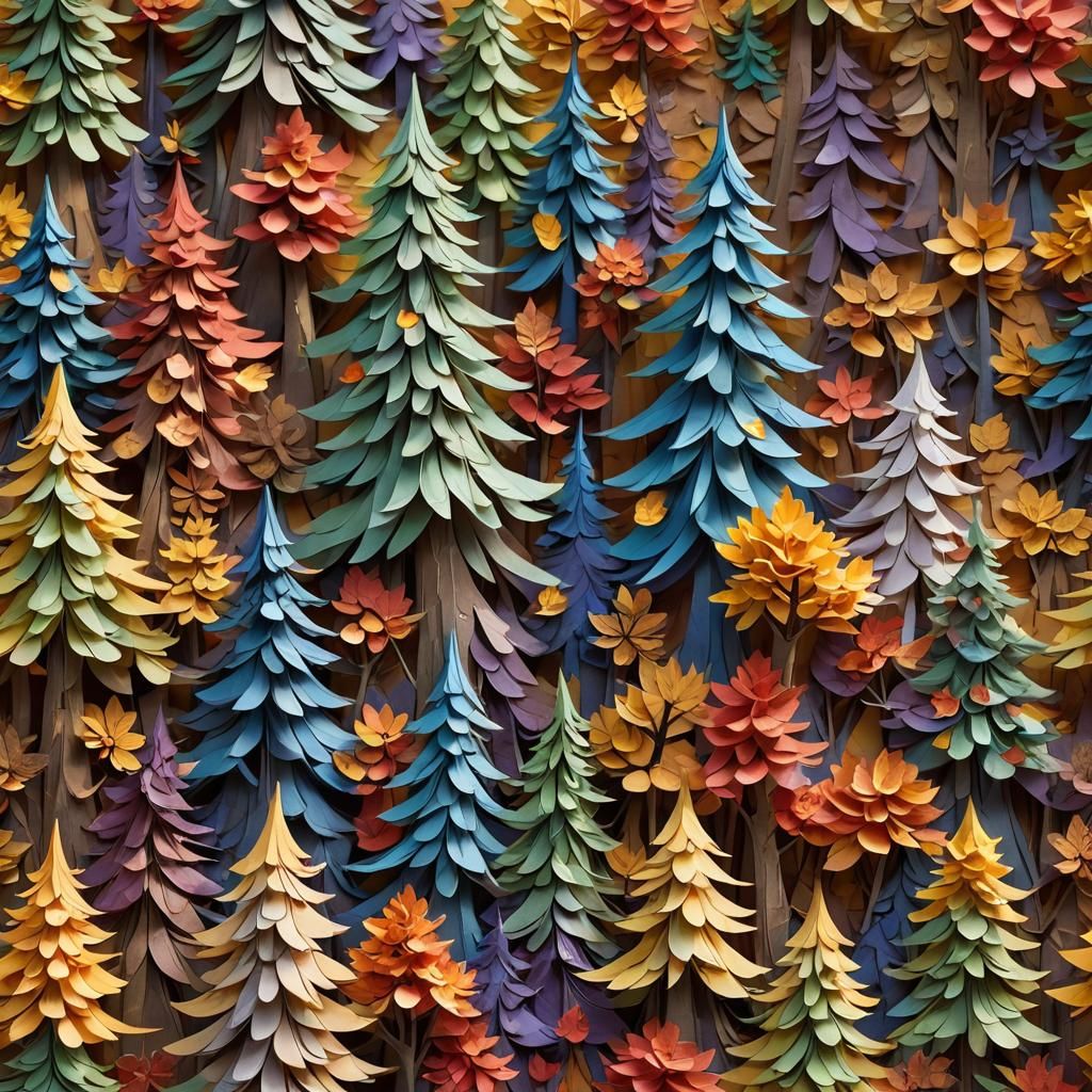 Colorful Paper Trees Matte Painting in Fantasy Style