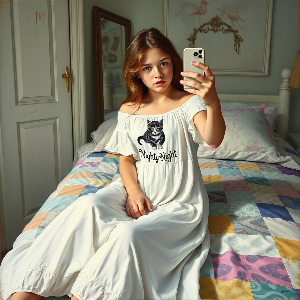 Girl and Kitten Selfie in Oil Painting Style