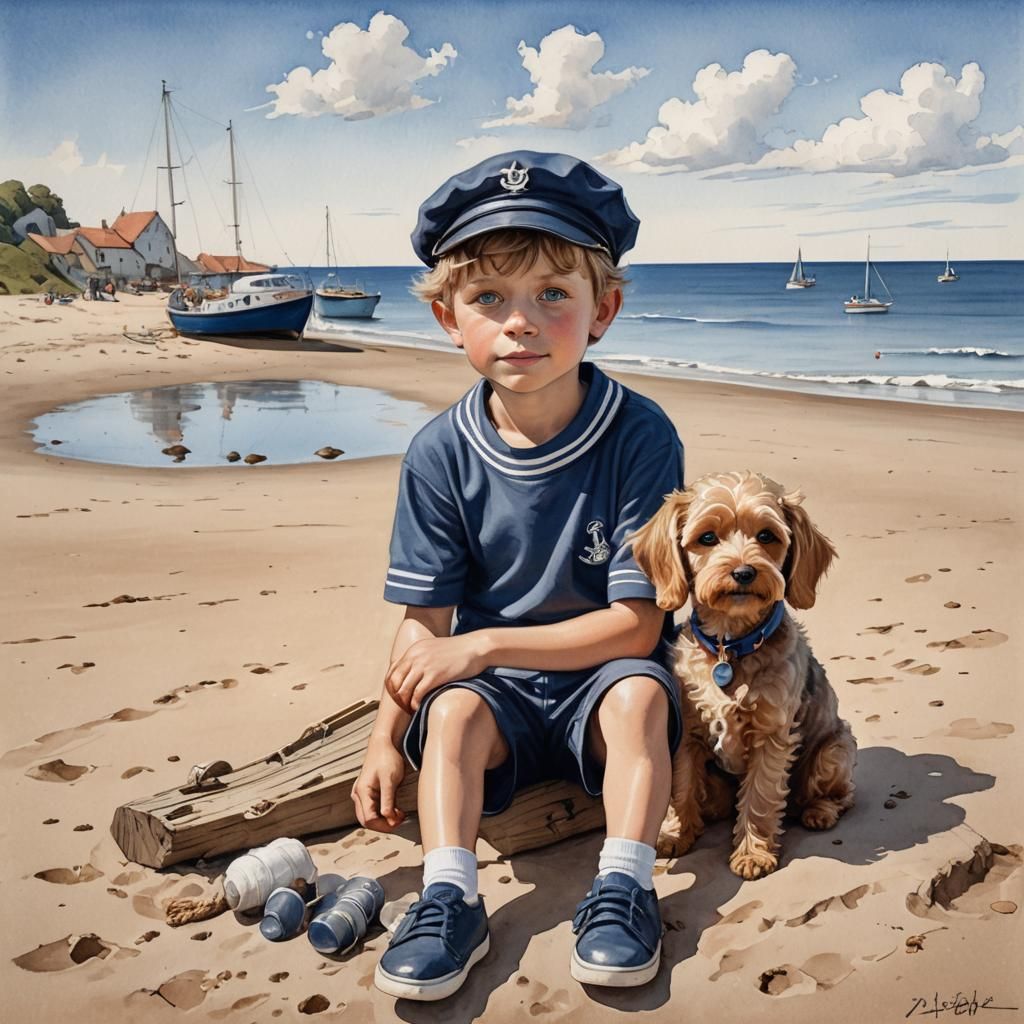 Dreamy Boy on Beach with Dog, Acrylic Ink Art