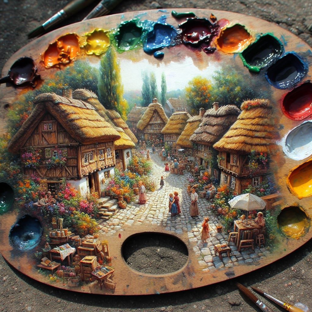 Vibrant Watercolor Village on Painter's Palette