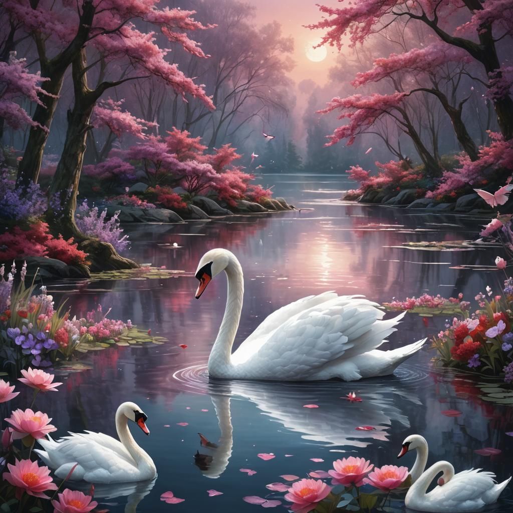 Swan on Serene Lake with Fairies, Splash Art
