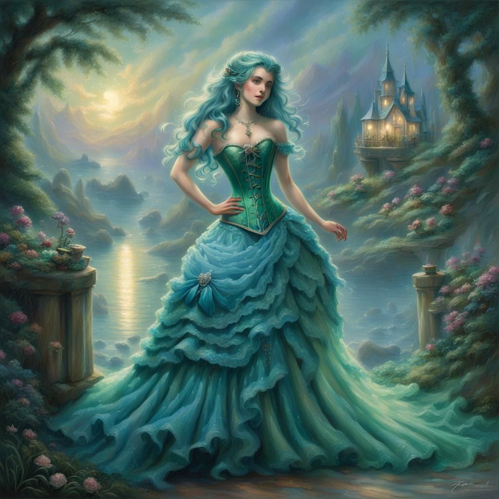 Ethereal Woman with Blue-Green Hair in Fantasy Style