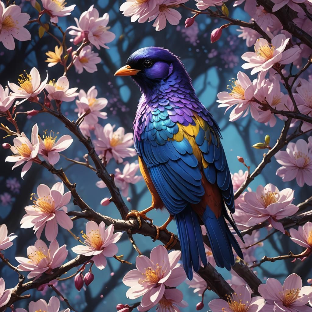 Bird on Blossoming Branch, Detailed Digital Art