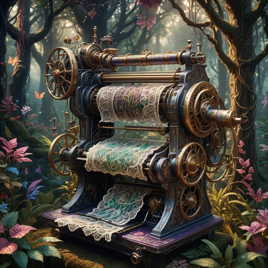 Intricate Lace Printing Machine in Mystical Forest