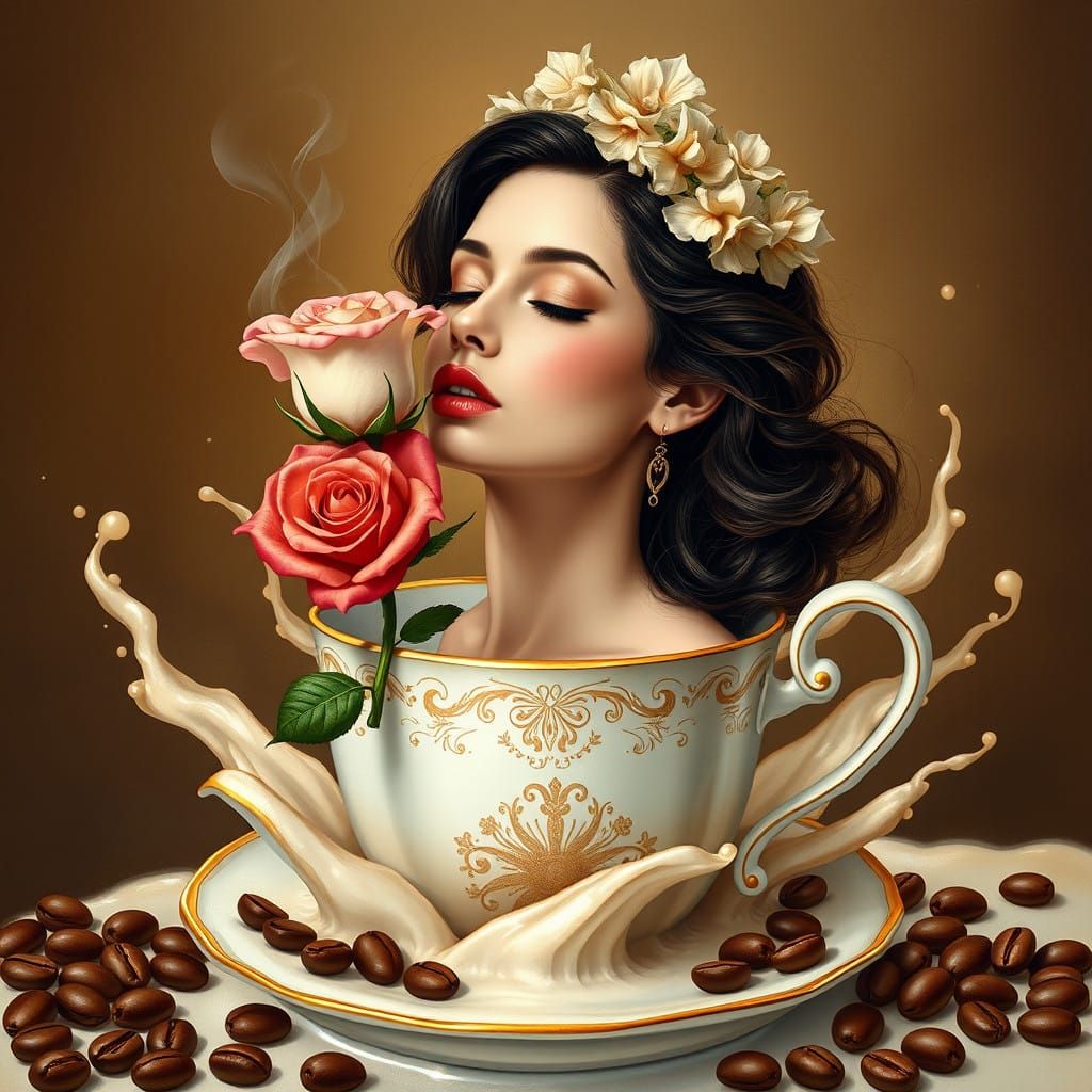 Elegant Coffee Goddess in Delicate Rose