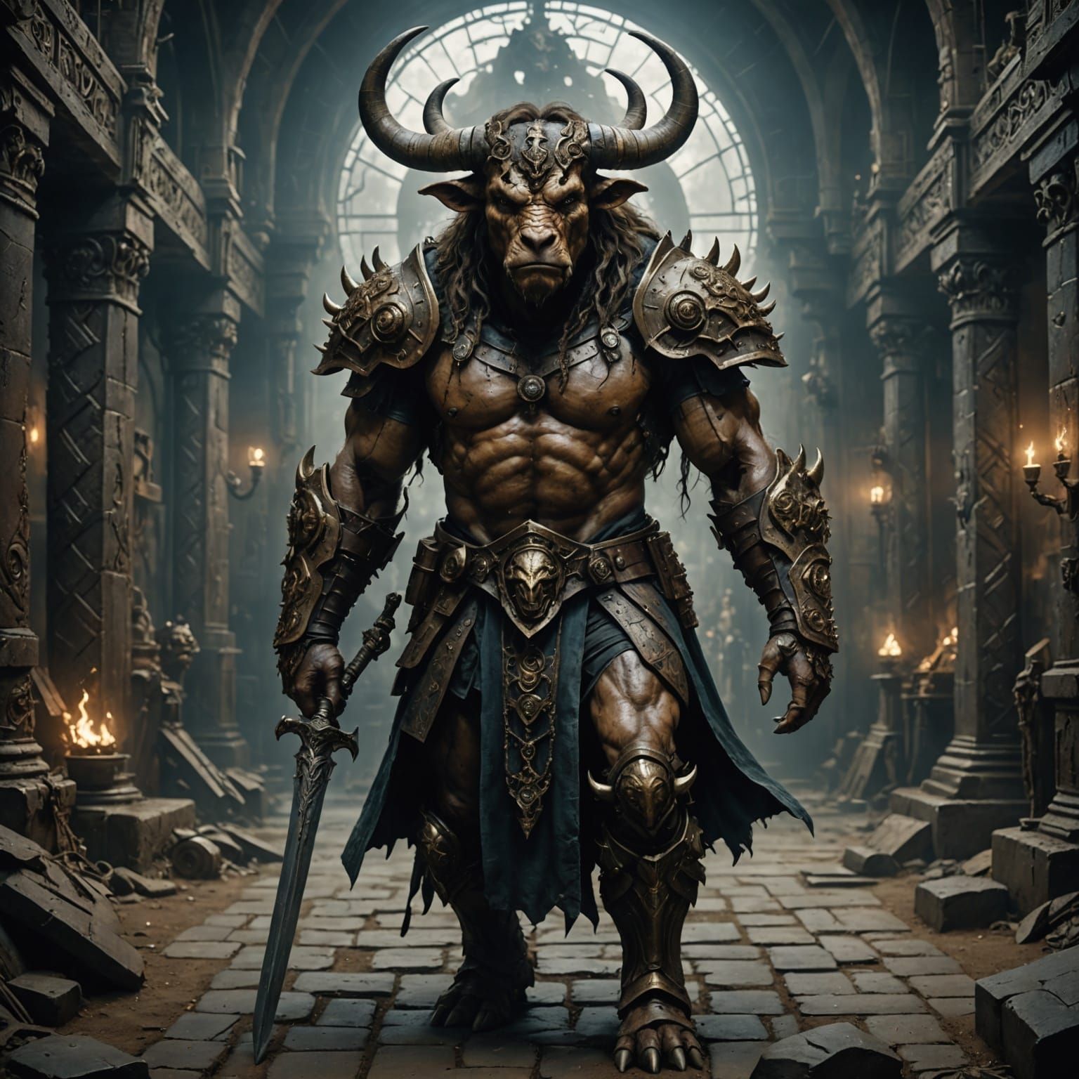 Steampunk Minotaur in Gloomy Labyrinth, 3D Render