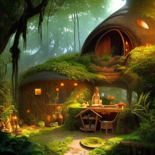 Jungle Hobbit House Interior in Volumetric Lighting
