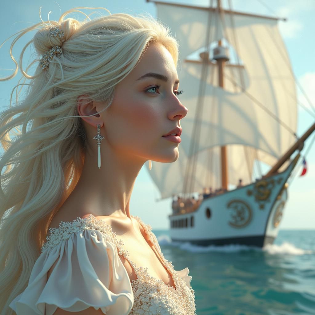 Serene Woman on White Barque with Fractal Designs