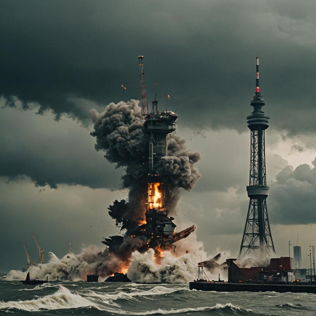 Euromast Collapses in Rotterdam Harbor: Cinematic Film Still