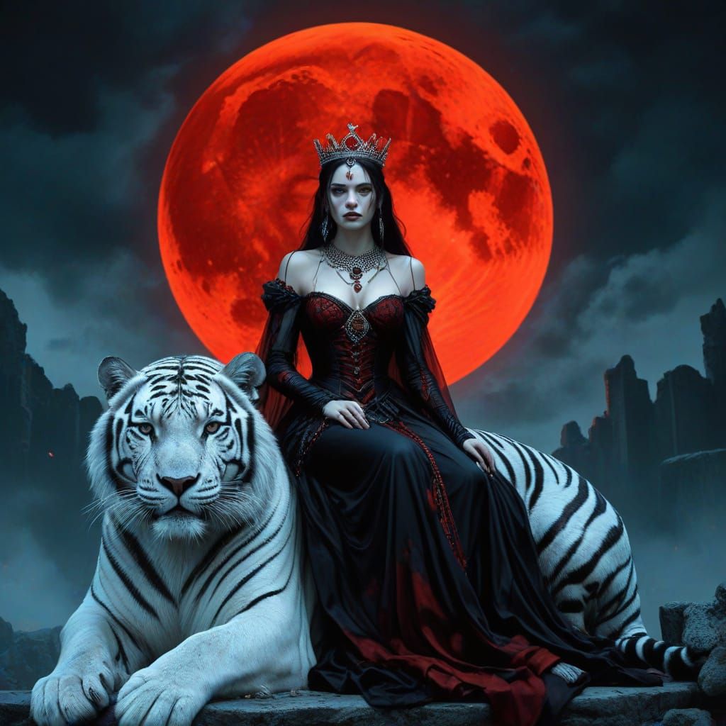 Gothic Queen on Tiger Under Red Moon