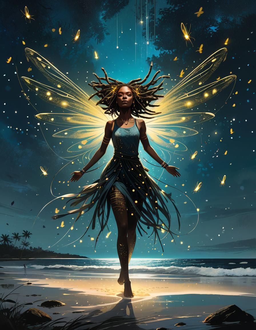 Grotesque Fireflies and Girl on Beach