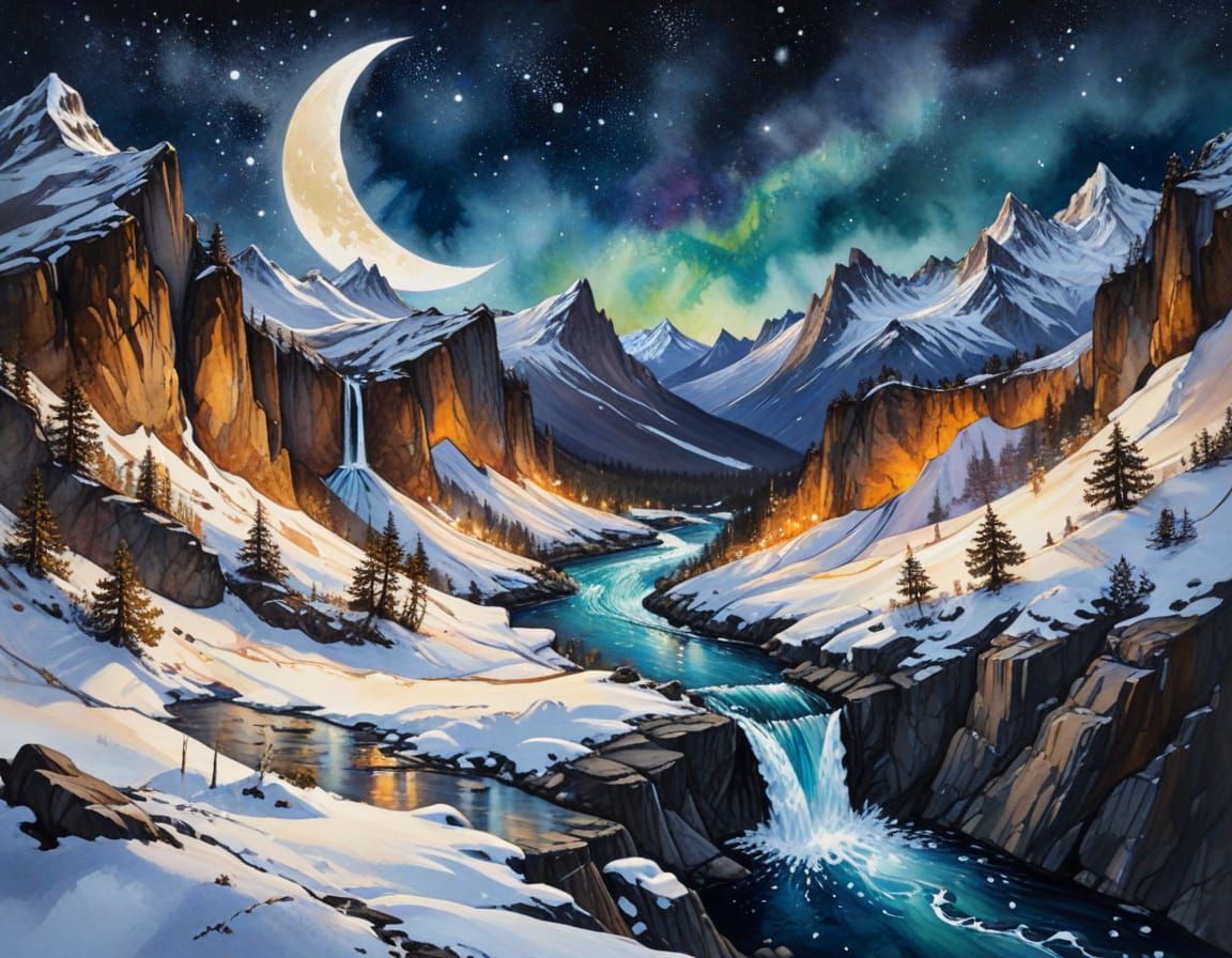 Snowy Mountain Stream Under Crescent Moon in Alcohol Ink