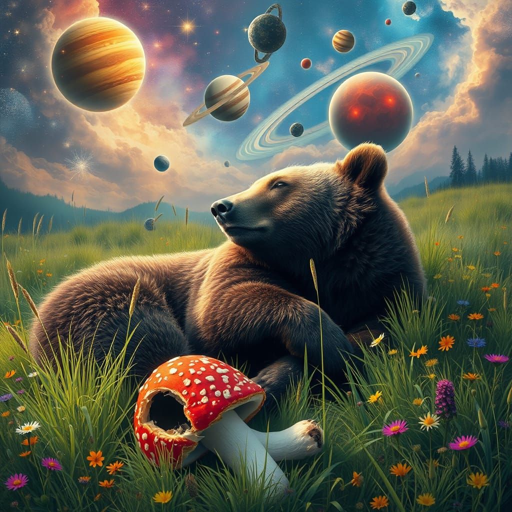 Dreaming Bear in Cosmic Meadow with Amanita