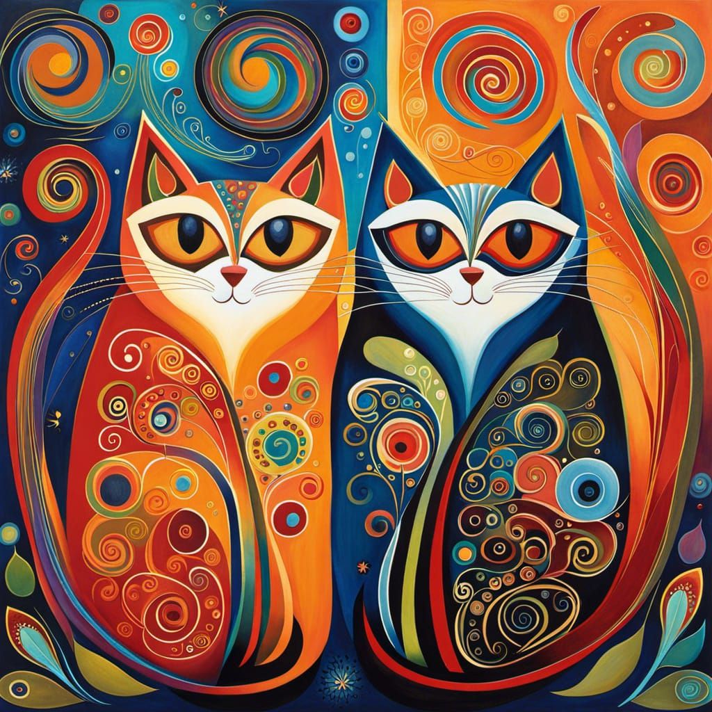 Abstract Cats Painting in Decorative Style