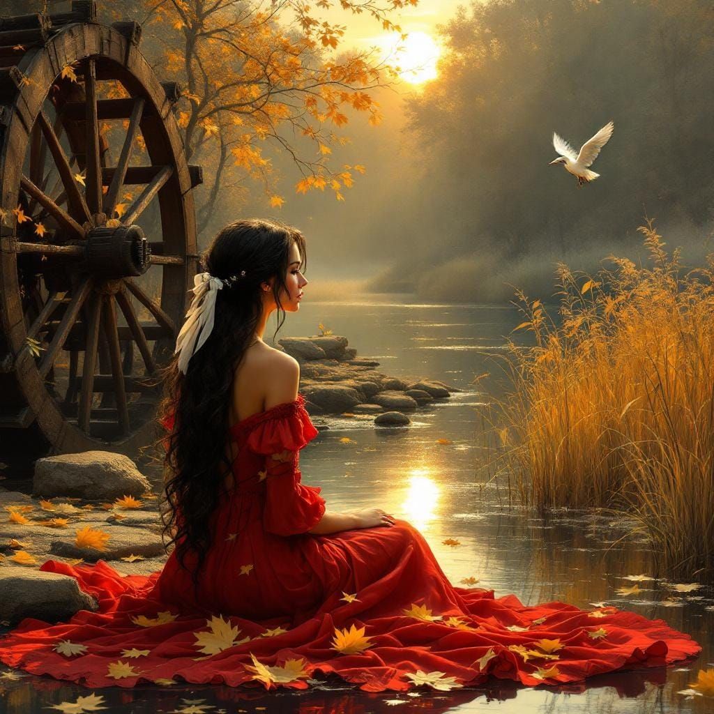 A beautiful, dark haired woman with long hair and a red flui...