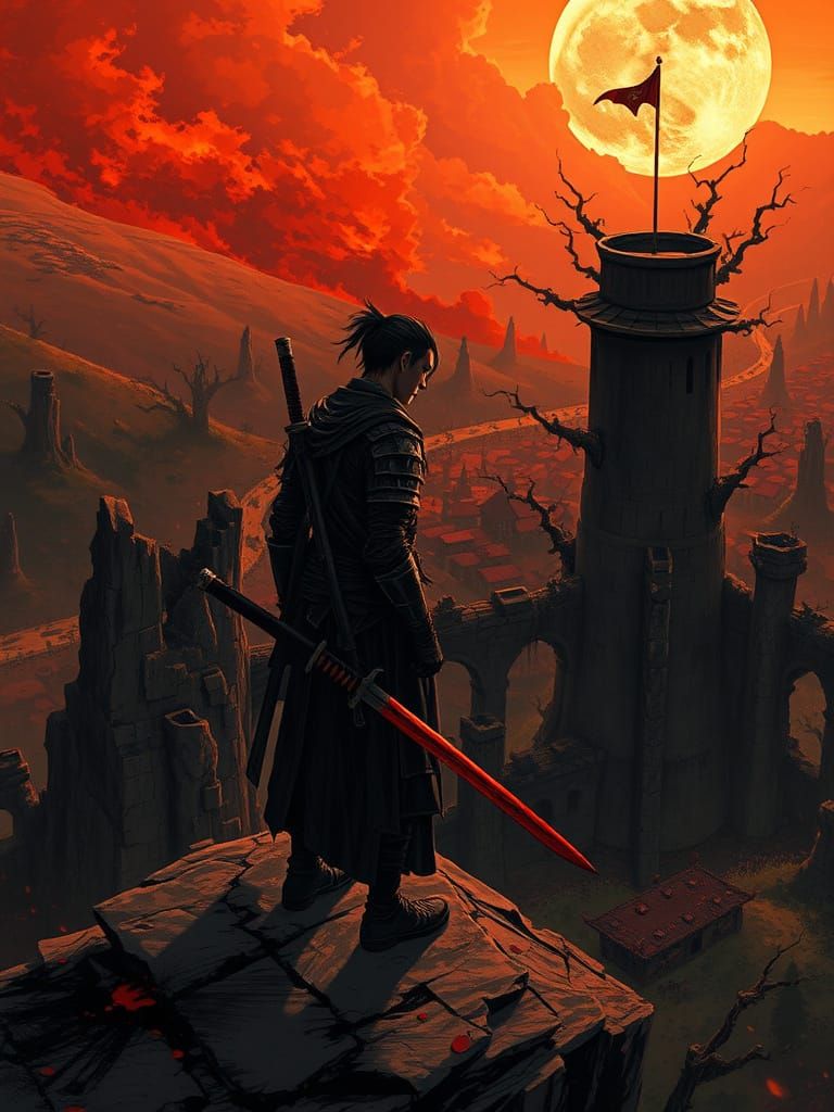 Ronin Warrior in Anime Style Overlooks Ruined World