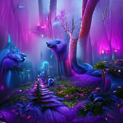 Purple Forest with Blue Animals: Fantasy Concept Art