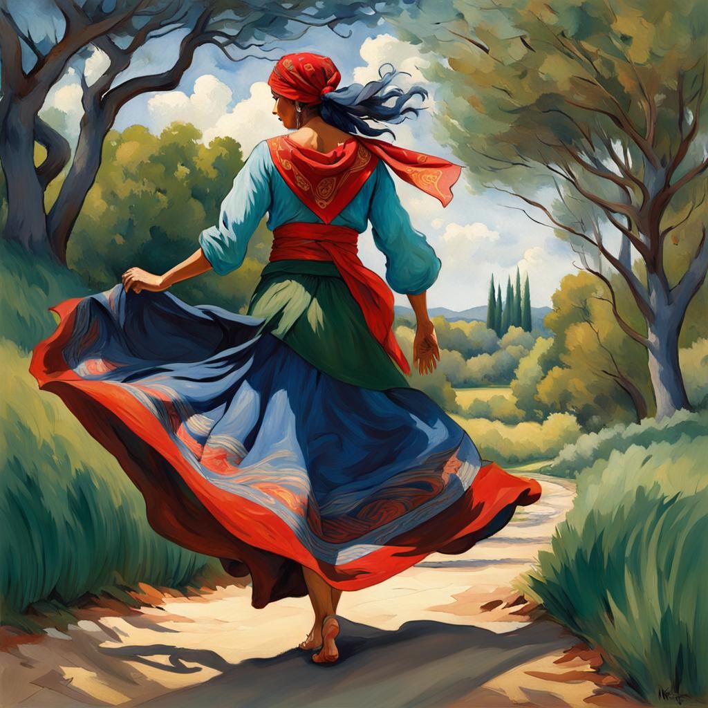 Cezanne-inspired painting of gypsy walking