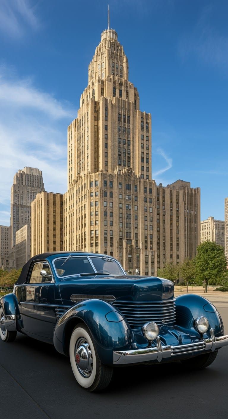 1937 Cord 812 Phaeton and Art Deco Skyscraper
