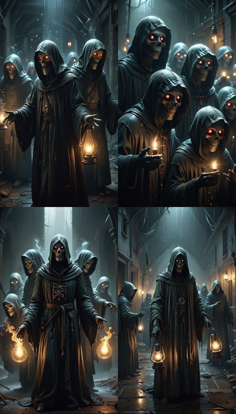 Horror Scene with Cloaked Figures in Grotesque Style