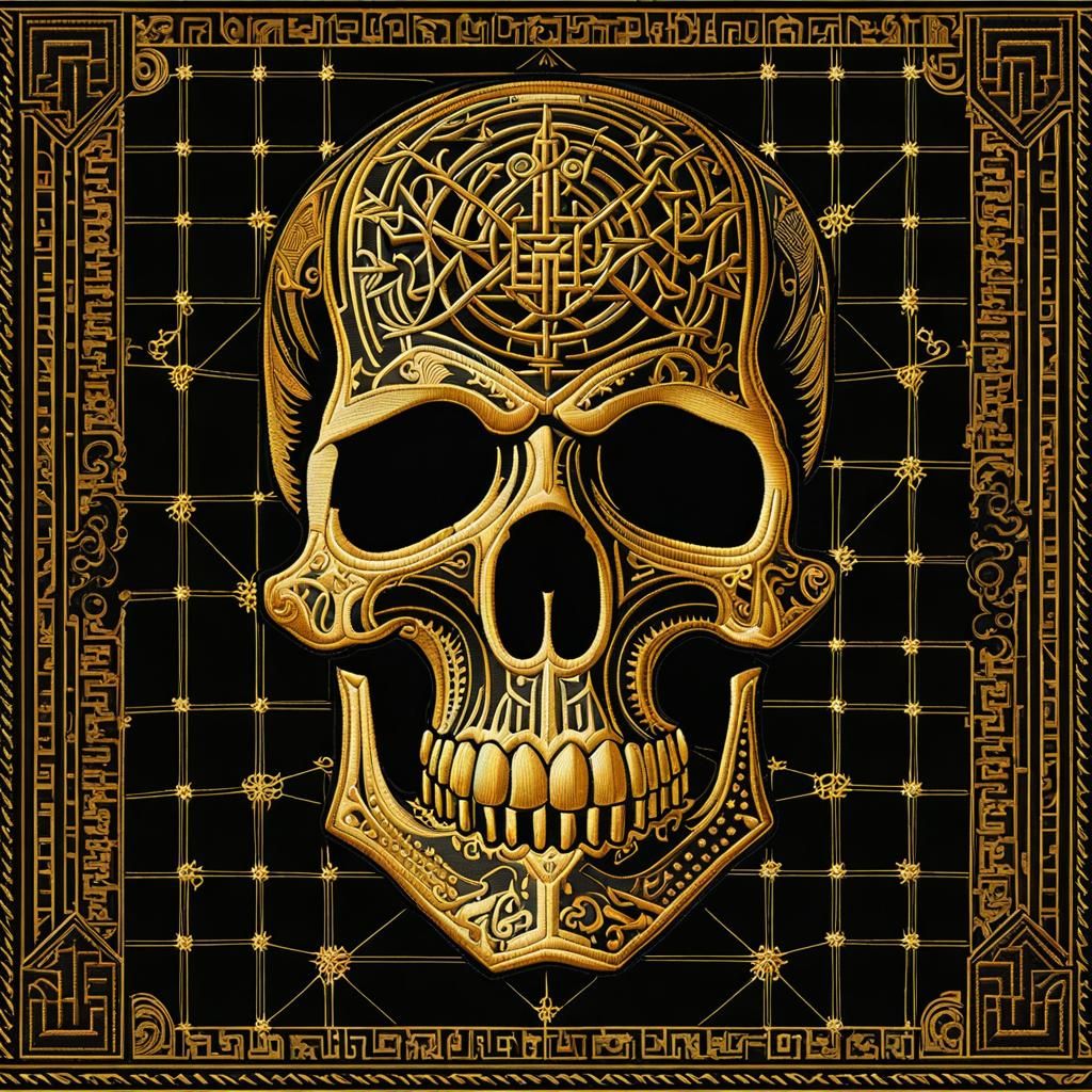 Intricate Embroidery of a Skull on Black Flag