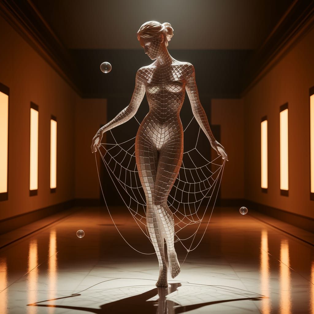 Ethereal Goddess Weaves Shimmering Web Statue in Museum