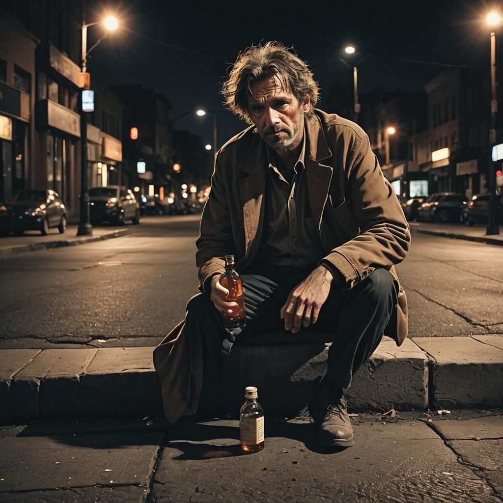 Gritty Film Noir Portrait of Man with Liquor Bottle