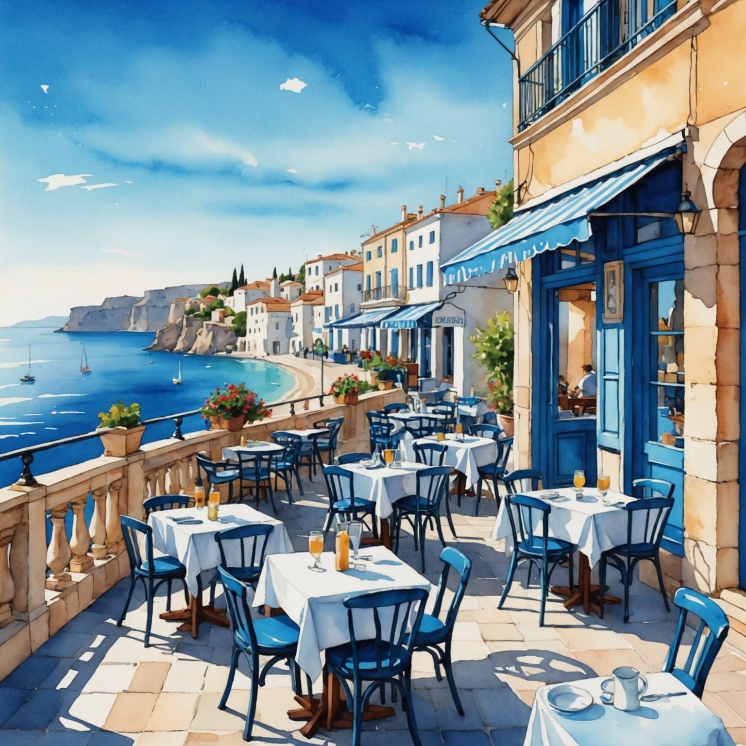 Greek Seaside Cafe with Acropolis View