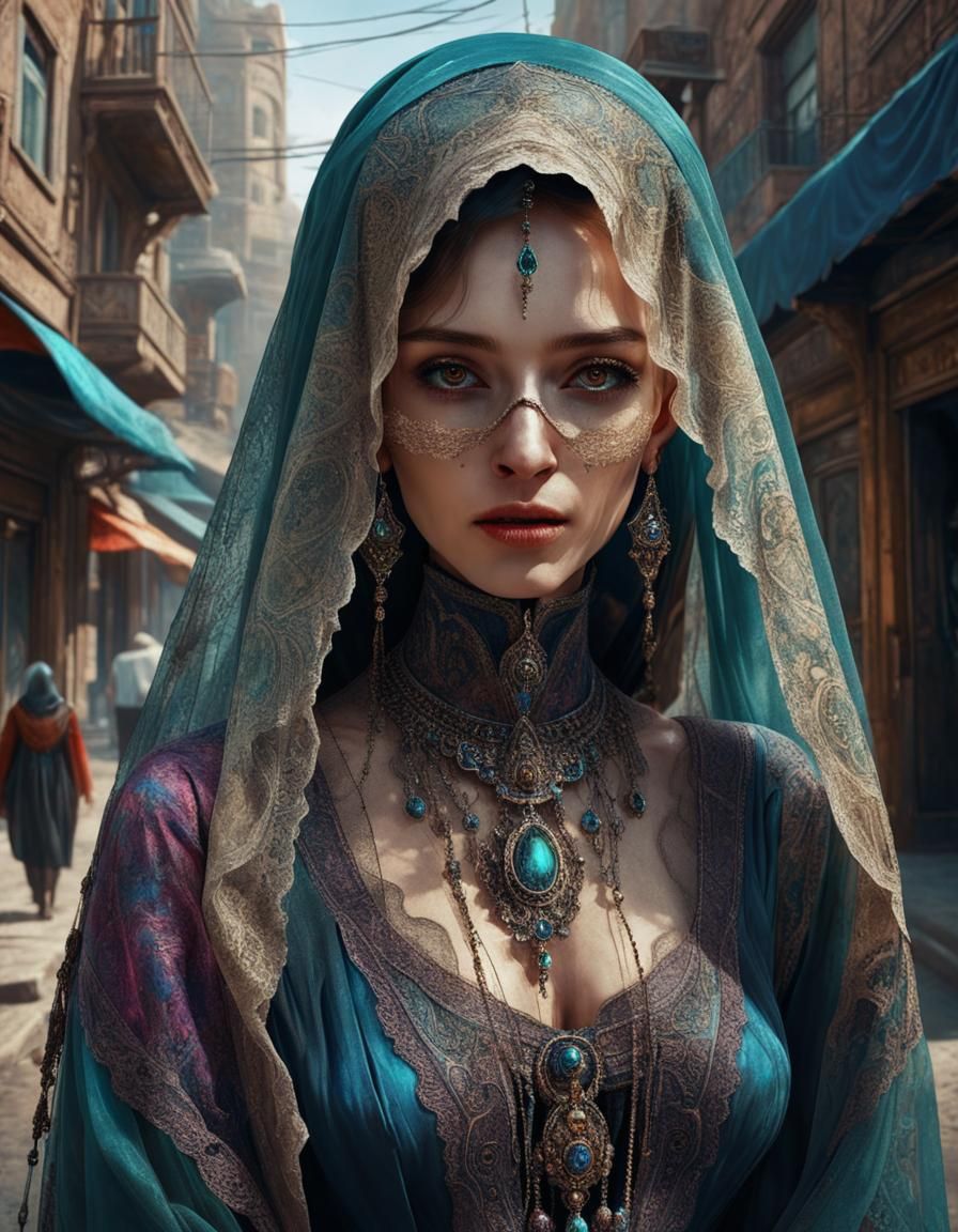 Mysterious Veiled Woman in Cityscape, Retrofuturism Style