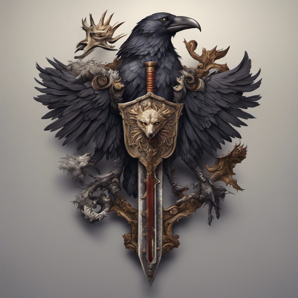 Fantastical Coat of Arms with Raven and Wolf