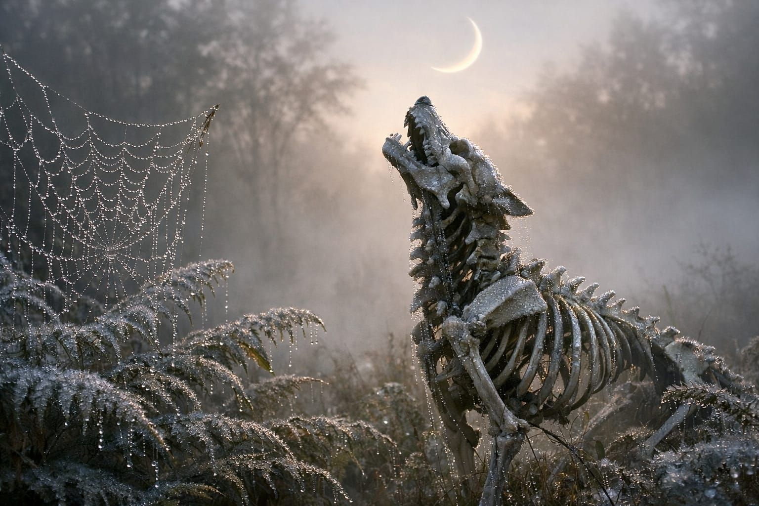 Skeleton Wolf Howling at Moon in Foggy Dawn