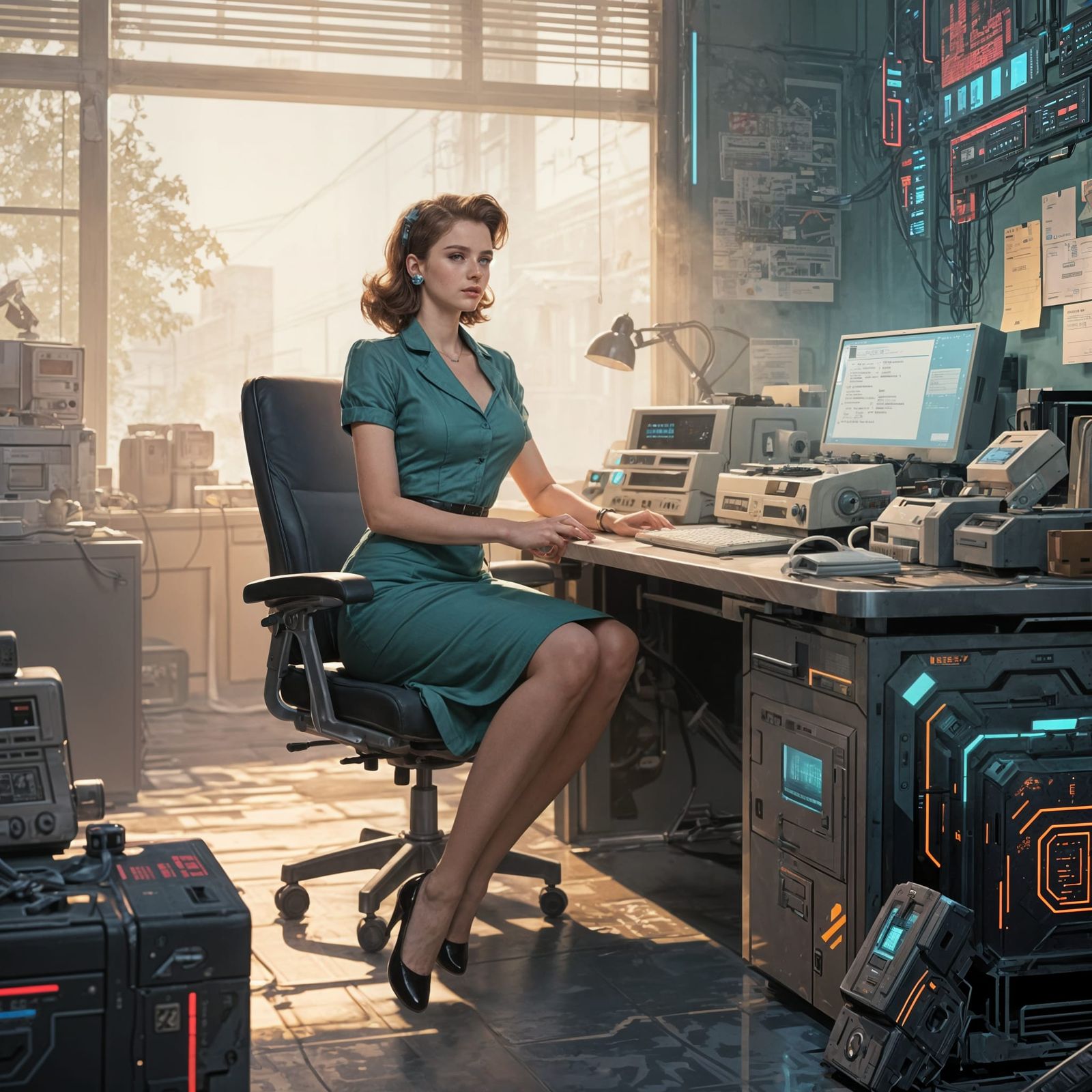 1950s Secretary at Cyberpunk Desk