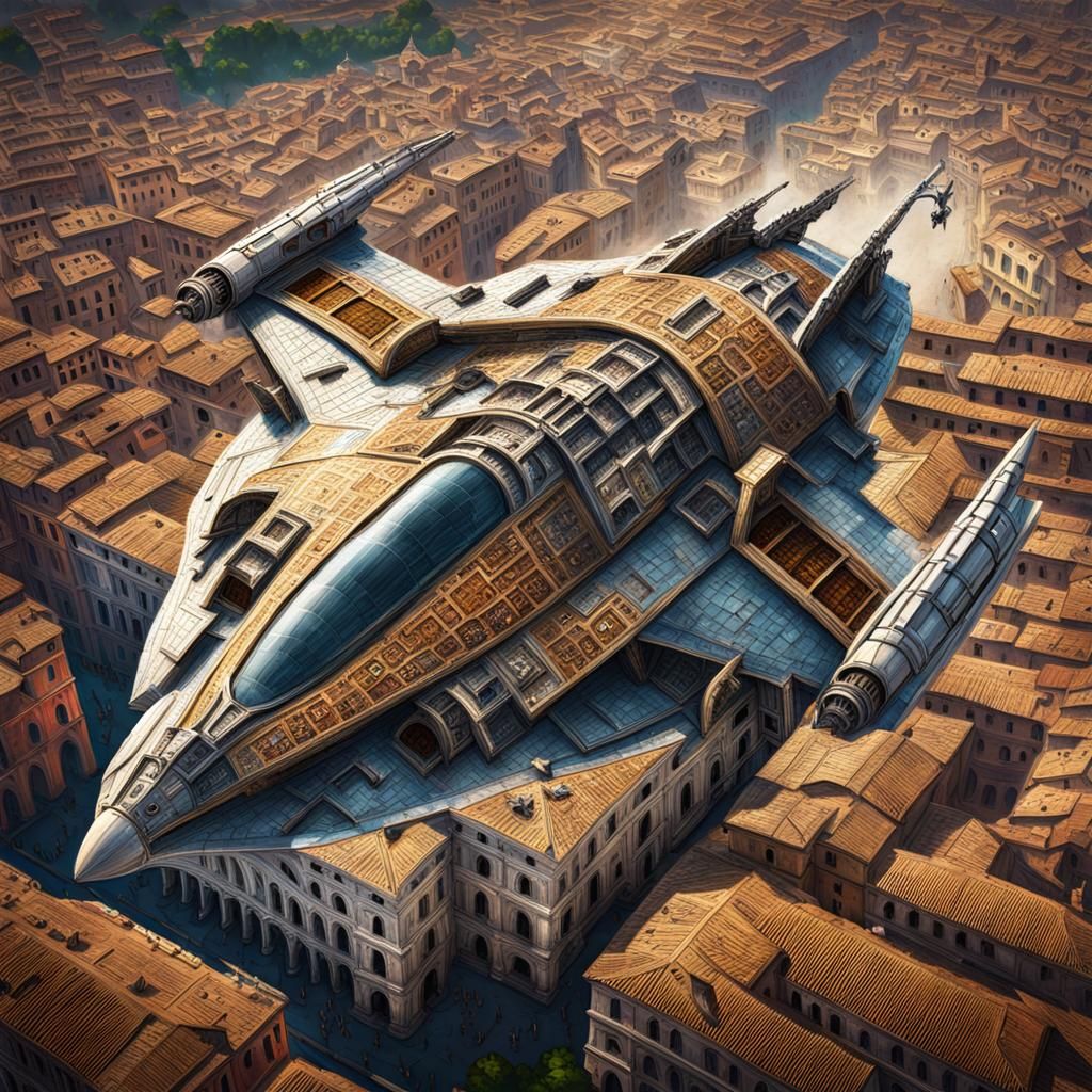 Renaissance Spaceship Over Rome: Hyperrealistic Concept Art