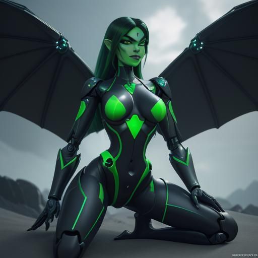 Futuristic Shego as a Humanoid Dragon in Sci-Fi Style