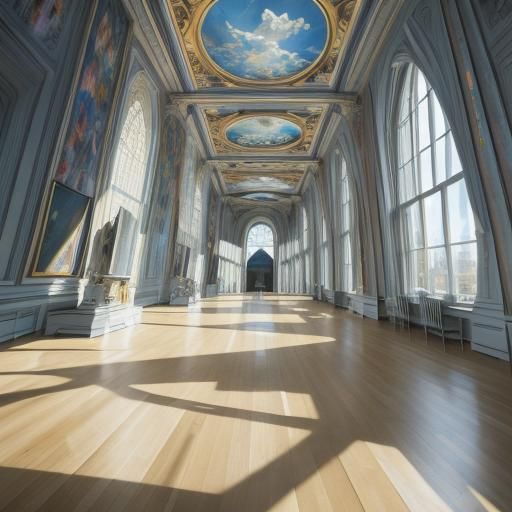 Inside a Vast Art Gallery with Sculptures and Paintings