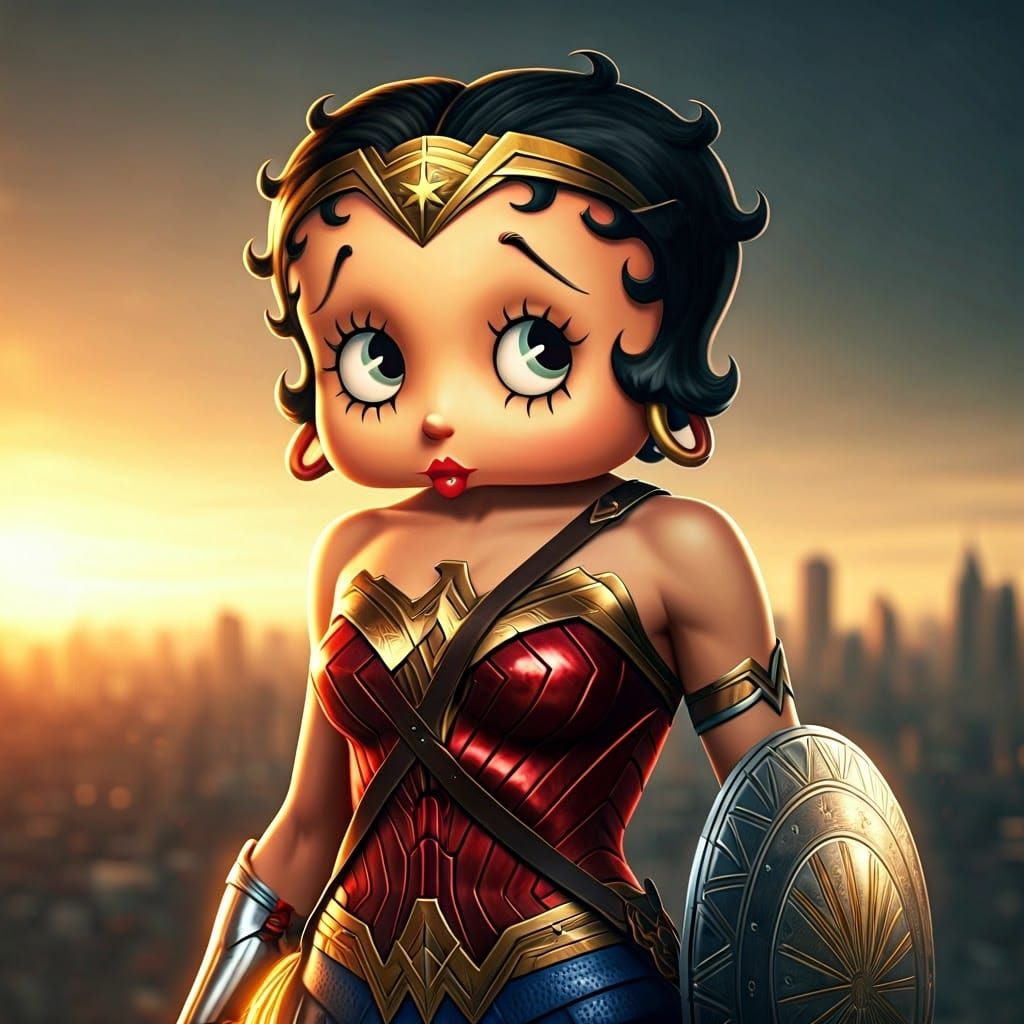 Hyperrealistic Wonder Woman as Betty Boop in Cinematic Citys...