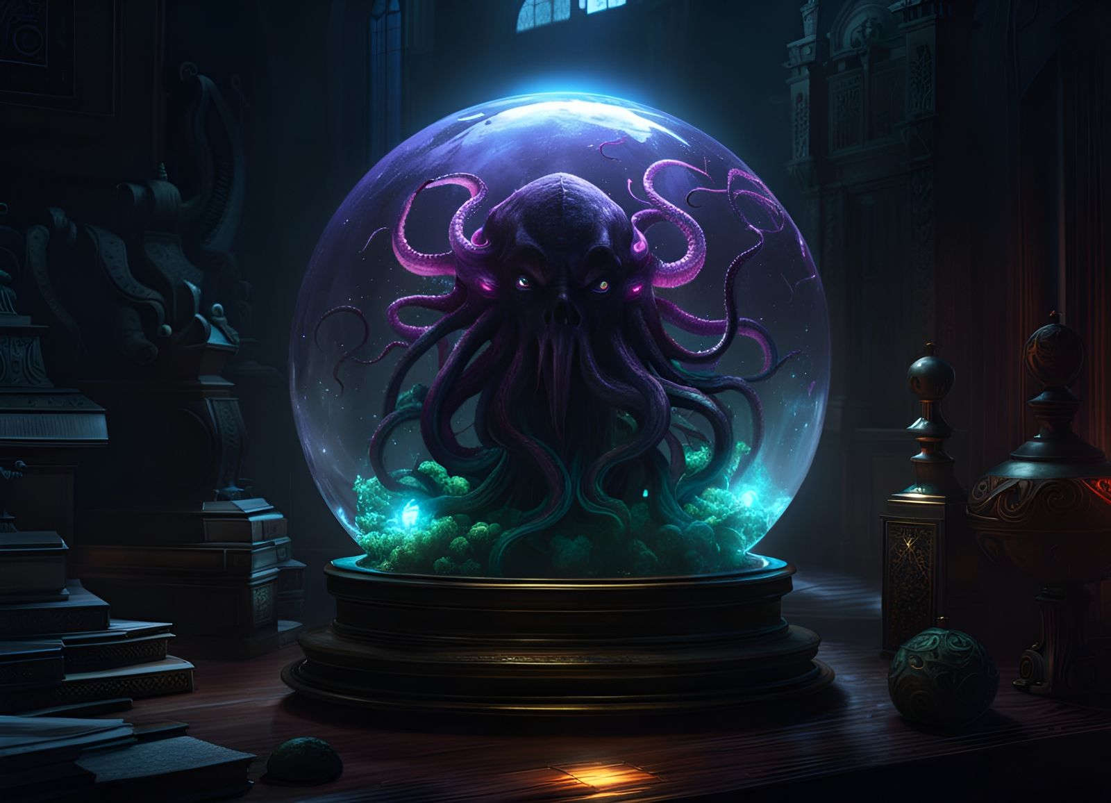 Glass Sphere Containing Forgotten God in Digital Painting