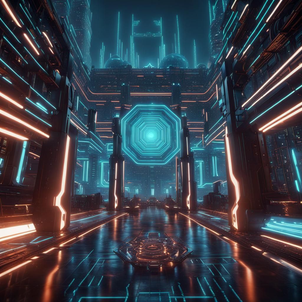 Tron-like Computer World Matrix Virus in Detailed Digital Pa...