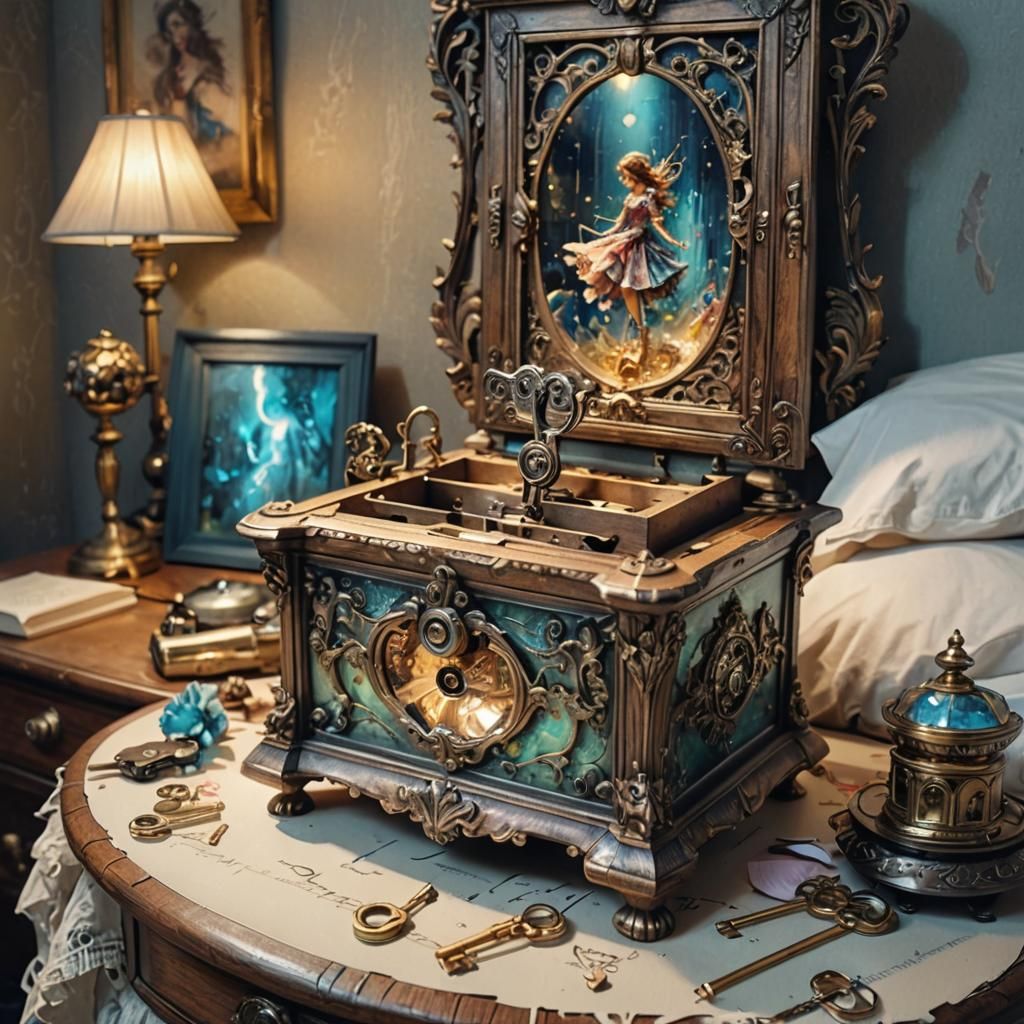 Intricate Watercolor Music Box on Bedside Table