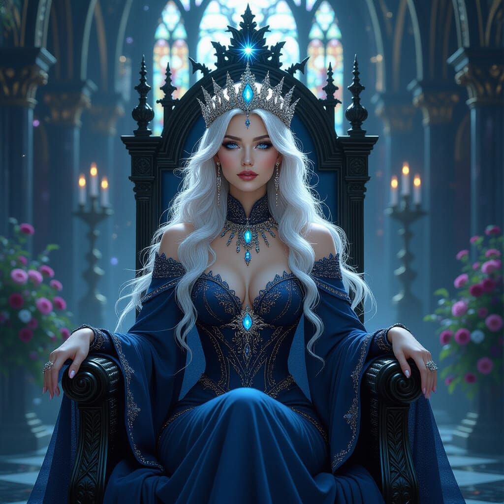 Celestial Empress on Obsidian Throne in Art Nouveau Style