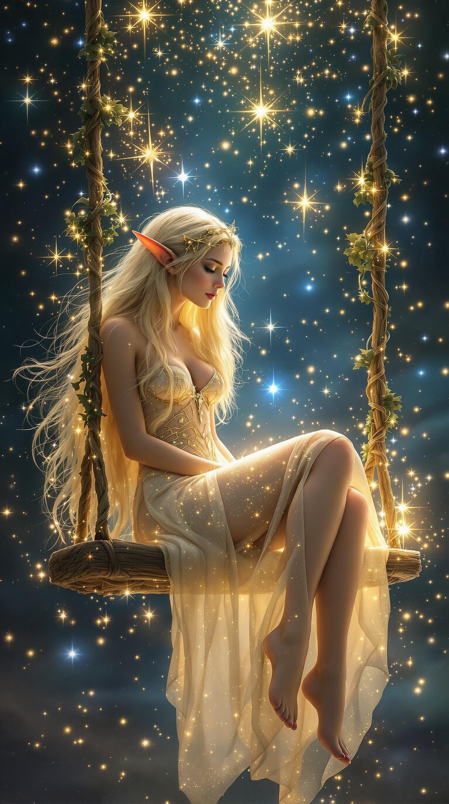 Ethereal Elf on Starlight Swing, Surreal Art