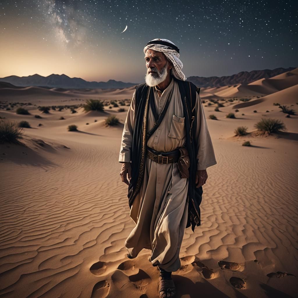 Old Man Gazing at Stars in Desert Night
