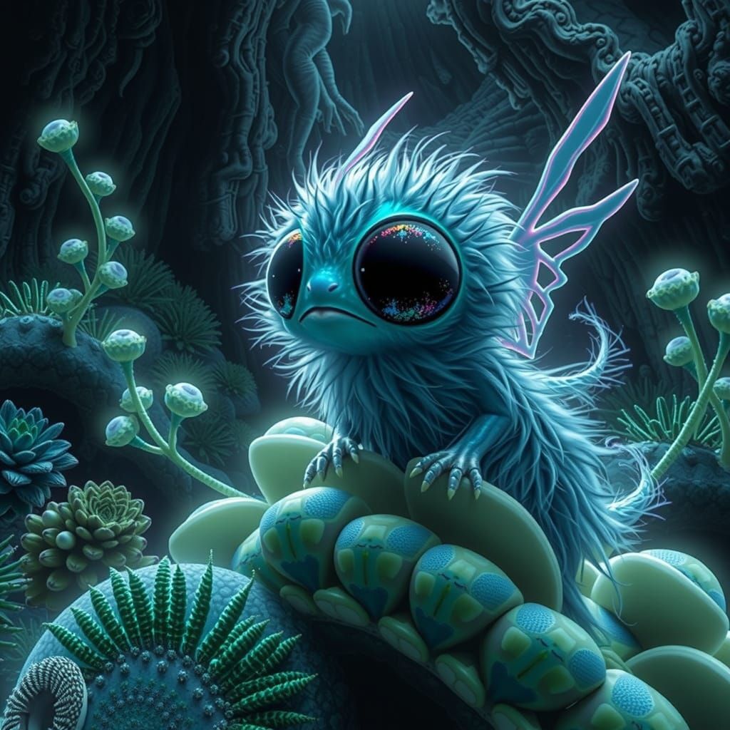 Ethereal, Rainbow-Colored, Fuzzy Alien Creature Perched on N...