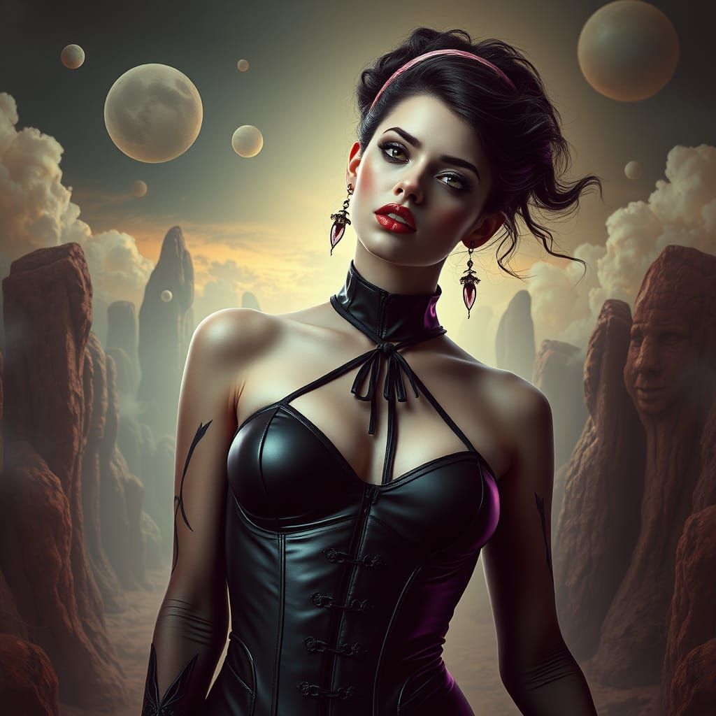 Sensual Gothic Goddess in Hyper-Realistic Surreal Landscape