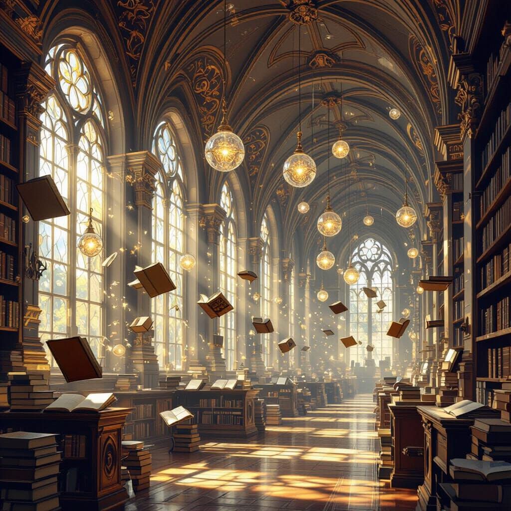 Ancient Library with Floating Books and Ethereal Light