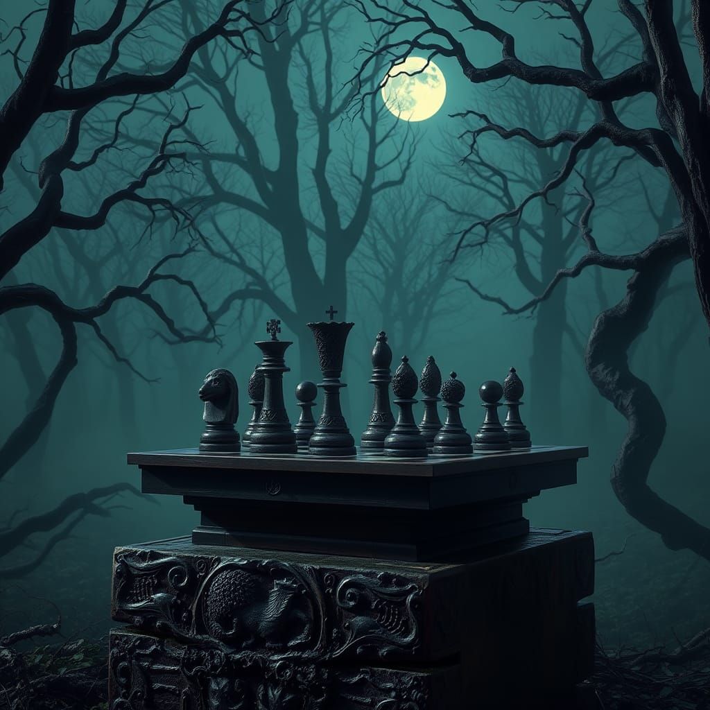 Haunted Park Chessboard in Dark Fantasy Style