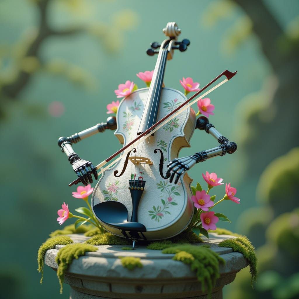 Stone Violin Played by Mechanical Arms, Floral Soundscape